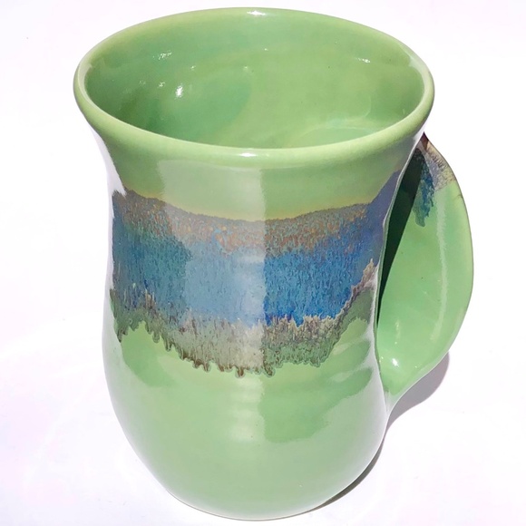 Left Handed Mug Neher Signed Pottery Green Blue Drip Glossy Glaze 2017 Tall Cup - Picture 1 of 15